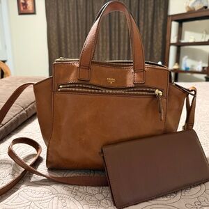 Fossil Tan Leather Satchel with Coach Wallet EUC